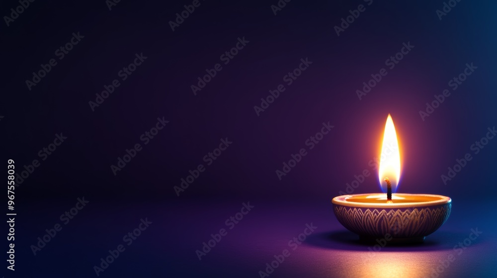 A glowing oil lamp illuminates the dark backdrop, symbolizing Diwali festivities A glowing oil lamp illuminates the dark backdrop, symbolizing Diwali festivities
