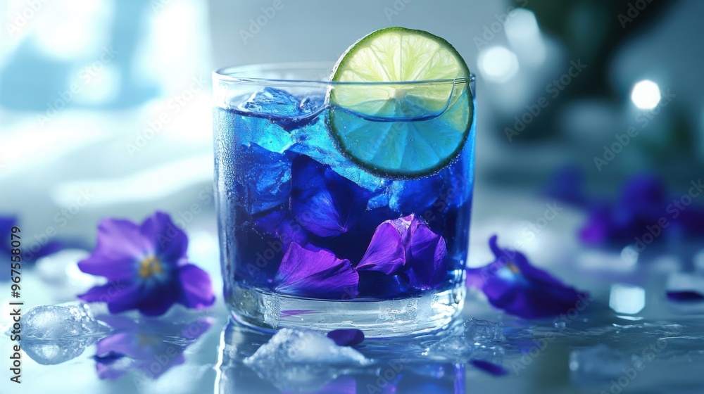 A glass of deep blue butterfly pea tea, with a slice of lime that turns the drink into a vivid A glass of deep blue butterfly pea tea, with a slice of lime that turns the drink into a vivid