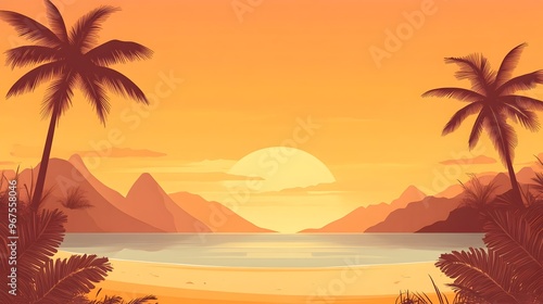 Majestic Tropical Sunset with Silhouetted Palm Trees and Mountains on the Horizon