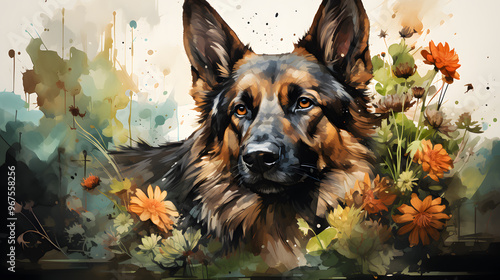 Wallpaper Mural Vibrant Watercolor painting of a German Shepherds with flowers Torontodigital.ca