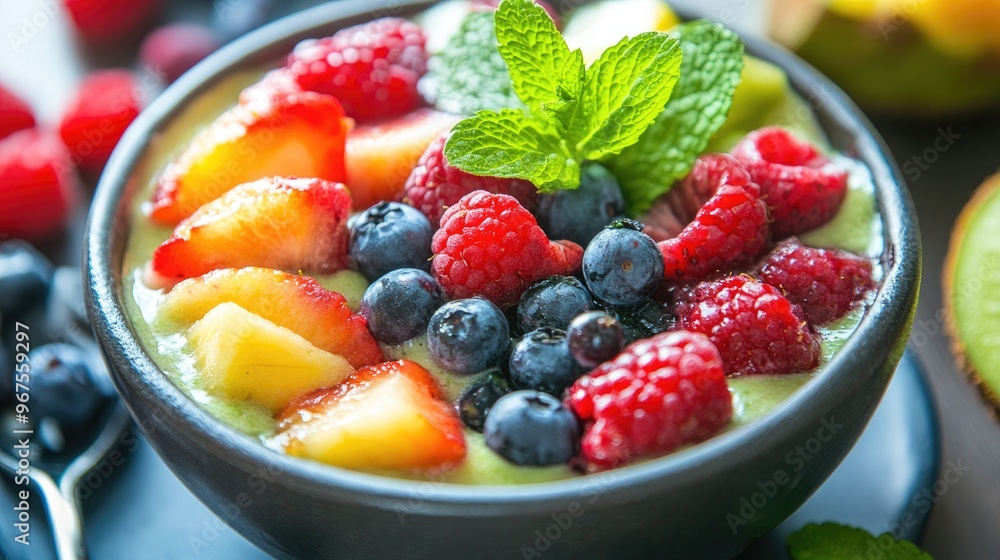 A colorful fruit and mint smoothie bowl, topped with fresh berries and a mint sprig. A colorful fruit and mint smoothie bowl, topped with fresh berries and a mint sprig.