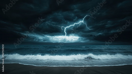 Fototapeta Naklejka Na Ścianę i Meble -  Lightning strikes over the turbulent sea while powerful waves collide with the shore, creating a dramatic atmosphere during a night thunderstorm
