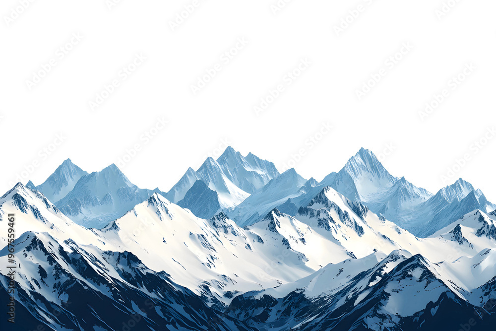 Fototapeta premium Majestic snow-capped mountains shining under bright blue sky isolated on transparent background