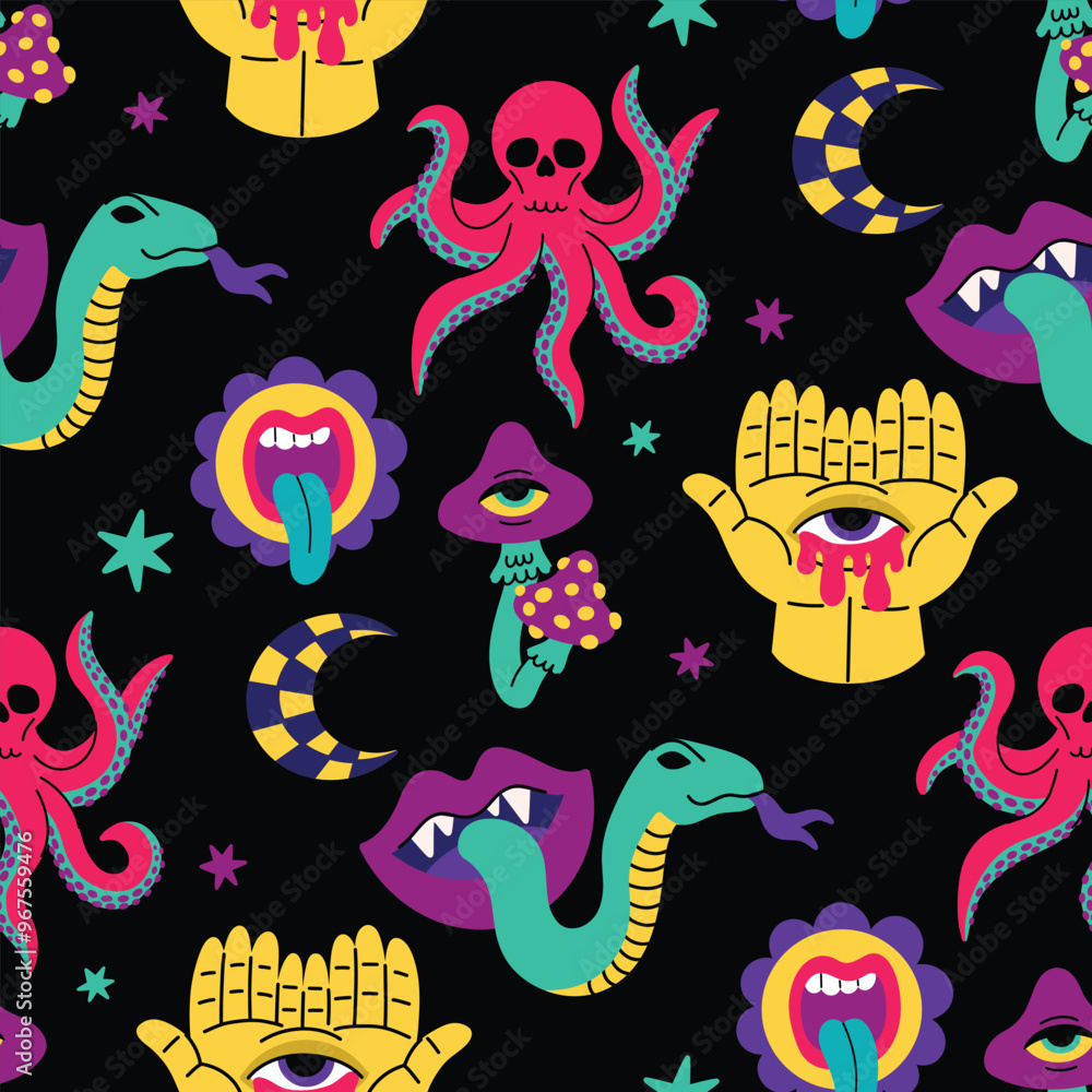 Psychedelic trend seamless pattern, bright acidic elements. Cartoon illustration on a black background Psychedelic trend seamless pattern, bright acidic elements. Cartoon illustration on a black background