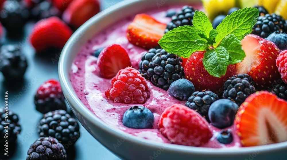A colorful fruit and mint smoothie bowl, topped with fresh berries and a mint sprig. A colorful fruit and mint smoothie bowl, topped with fresh berries and a mint sprig.