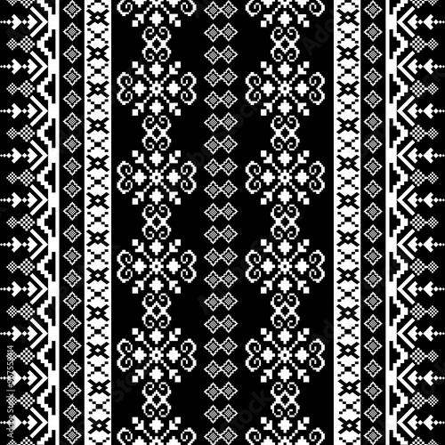 Black and white flower seamless pattern design Detailed Vector Illustration for Textile Print Design, Cross-stitch pattern