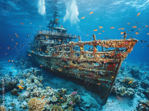 A view of bright corals and fish on a coral-rich ocean floor photo