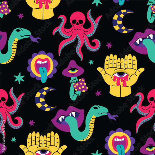 Psychedelic trend seamless pattern, bright acidic elements. Cartoon illustration on a black background