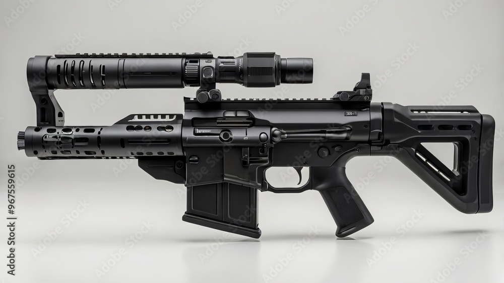 Modern futuristic lasergun design mockup against white background ai gen Modern futuristic lasergun design mockup against white background ai gen