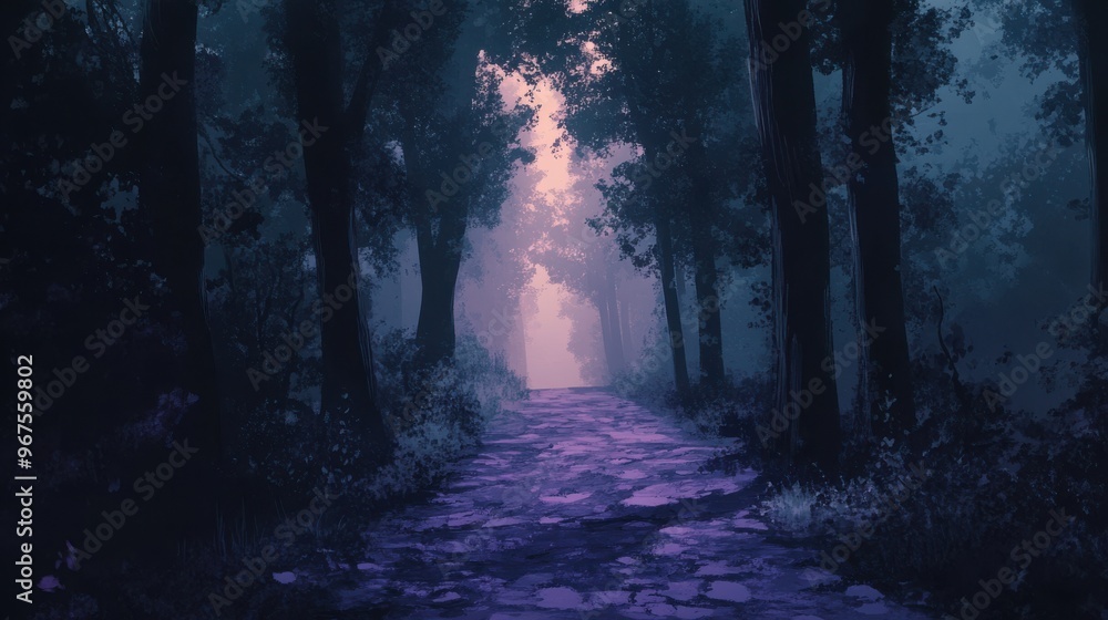 Fototapeta premium A mystical path shrouded in purple mist, surrounded by tall trees, inviting exploration into a serene forest.