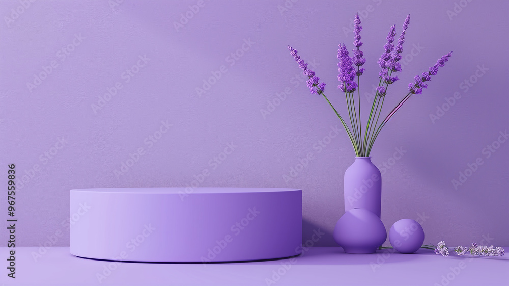 A purple vase with flowers sits on a purple pedestal A purple vase with flowers sits on a purple pedestal