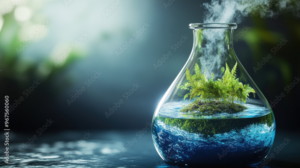 A boiling flask contains miniature Earth with lush greenery and vibrant blue water, symbolizing beauty of nature and importance of environmental preservation A boiling flask contains miniature Earth with lush greenery and vibrant blue water, symbolizing beauty of nature and importance of environmental preservation