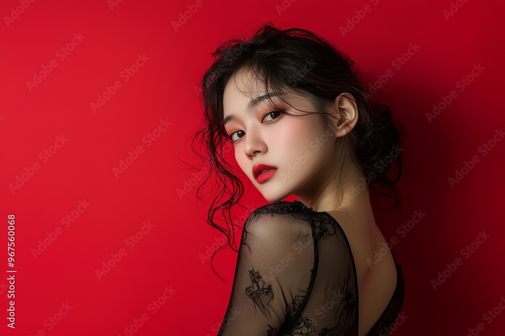 Stylish asian woman poses against red background with hands on hips and head tilted to one side wearing sheer top and skirt Stylish asian woman poses against red background with hands on hips and head tilted to one side wearing sheer top and skirt