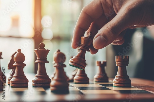 Observation of chess game being played on table with window in background, metaphorically representing intellectual pursuit and decision-making photo