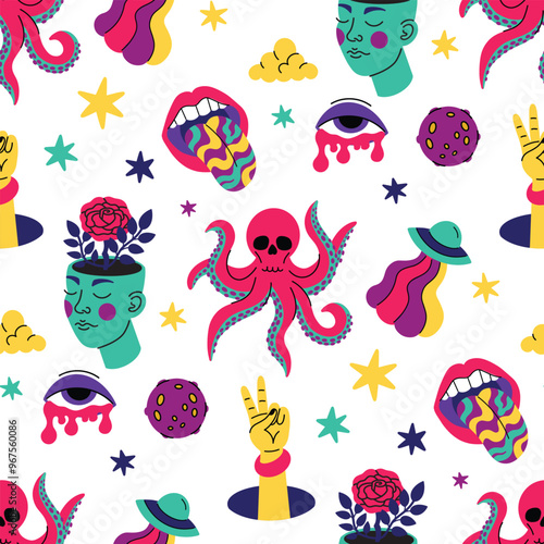 Psychedelic trend seamless pattern, bright acidic elements. Cartoon illustration on a black background