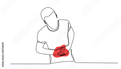 continuous line of man having stomach ache.one line drawing of adult man holding stomach.problems with digestion.single line vector illustration.isolated white background