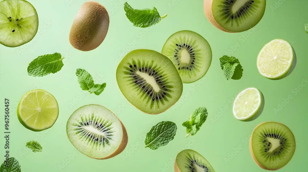 Fototapeta premium Assortment of Fresh Green Superfoods and Citrus Fruits on Light Background