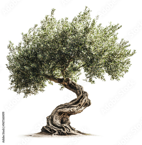Ancient olive tree with twisted trunk and lush foliage in sunlight isolated on transparent background