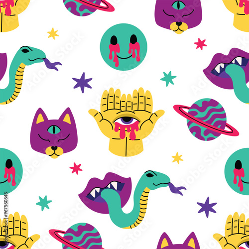 Psychedelic trend seamless pattern, bright acidic elements. Cartoon illustration on a black background