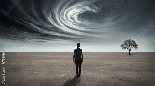 alone boy or man standing in a barren land with dramatic sky ai gen