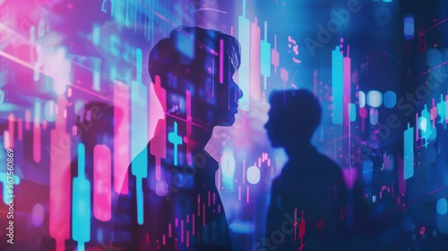 A double exposure of silhouettes of business people and stock market charts with a blue, purple and pink color palette