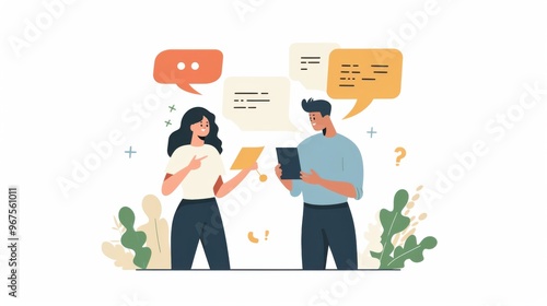 A flat vector illustration shows two people talking to each other over the phone One person is holding up documents and question marks with speech bubbles above their head