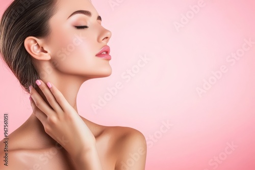 Young woman with hands on face, focusing on skincare and beauty regime against pink background