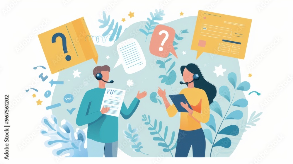 A flat vector illustration shows two people talking to each other over the phone One person is holding up documents and question marks with speech bubbles above their head A flat vector illustration shows two people talking to each other over the phone One person is holding up documents and question marks with speech bubbles above their head