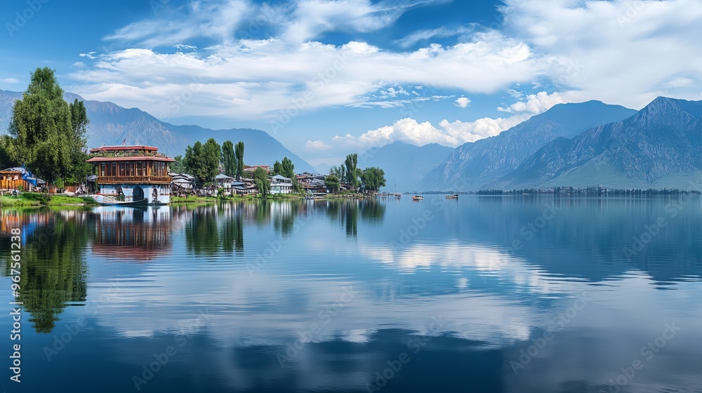 Fototapeta premium Serene Dal Lake in Kashmir's Srinagar city with stunning mountains as a backdrop.