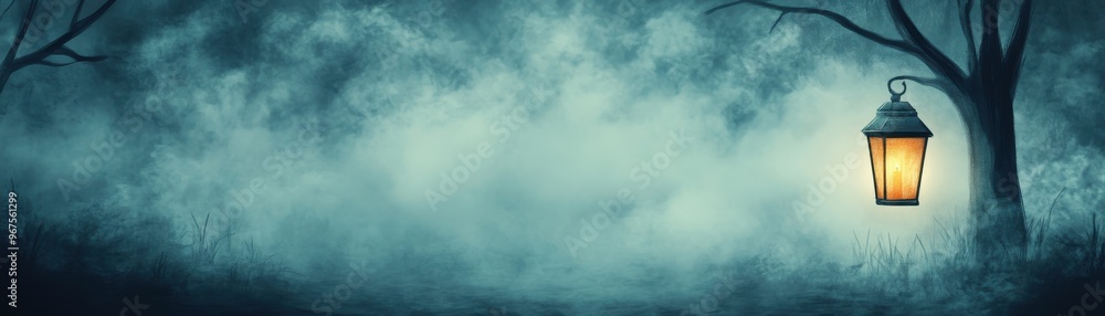 A serene foggy scene featuring a glowing lantern amidst dark trees, creating a mystical and enchanting atmosphere. A serene foggy scene featuring a glowing lantern amidst dark trees, creating a mystical and enchanting atmosphere.