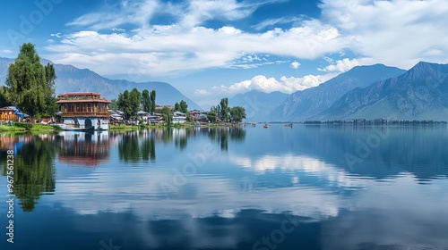 Fototapeta Naklejka Na Ścianę i Meble -  Serene Dal Lake in Kashmir's Srinagar city with stunning mountains as a backdrop.