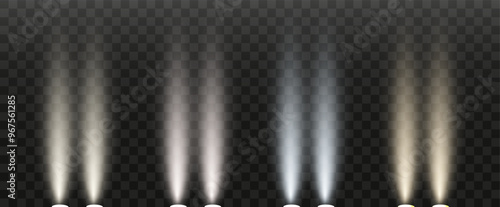 Realistic car headlights. Train moving effect, vector bright lights on transparent background png.	