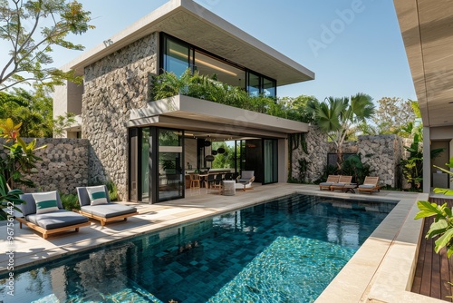 Wallpaper Mural Modern house with a wooden terrace and swimming pool, bamboo bushes in the garden, clear blue sky, minimalist style, wide angle shot, bright colors, clean lines, wooden floor, simple design. The photo Torontodigital.ca