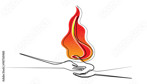 Colored line art of palm giving fire.line art drawing of hand giving fire .isolated white background