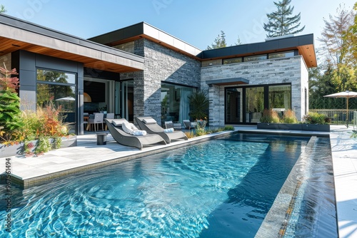 Wallpaper Mural Modern house with a wooden terrace and swimming pool, bamboo bushes in the garden, clear blue sky, minimalist style, wide angle shot, bright colors, clean lines, wooden floor, simple design. The photo Torontodigital.ca