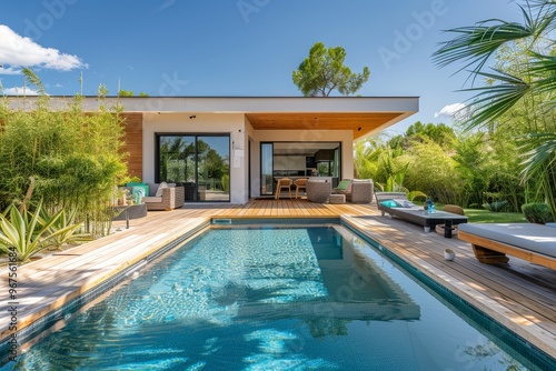 Wallpaper Mural Modern house with a wooden terrace and swimming pool, bamboo bushes in the garden, clear blue sky, minimalist style, wide angle shot, bright colors, clean lines, wooden floor, simple design. The photo Torontodigital.ca