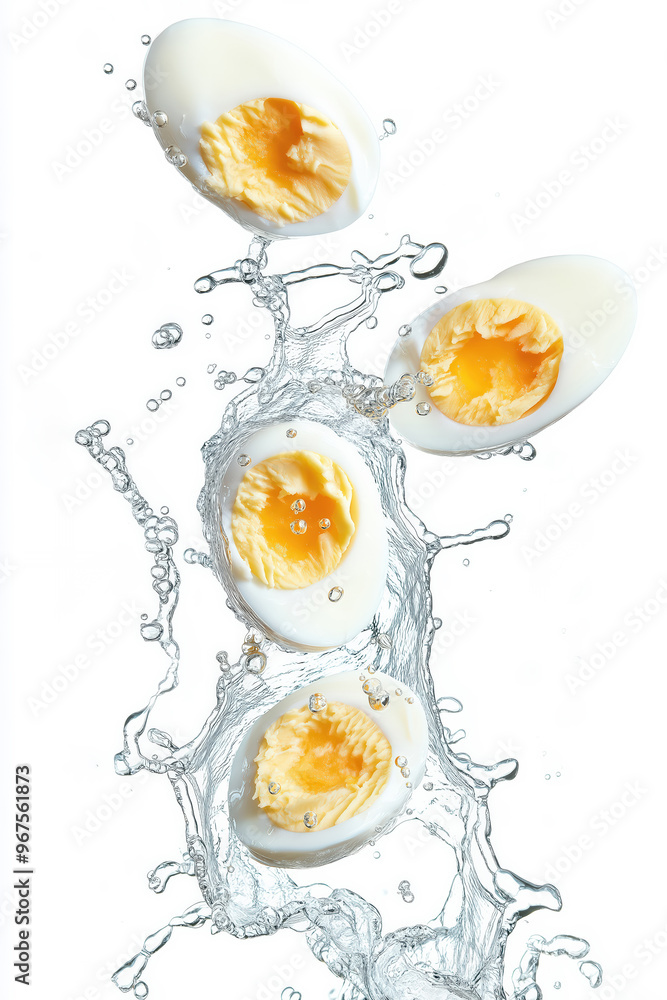 Boiled eggs sliced in half splashing in water Boiled eggs sliced in half splashing in water
