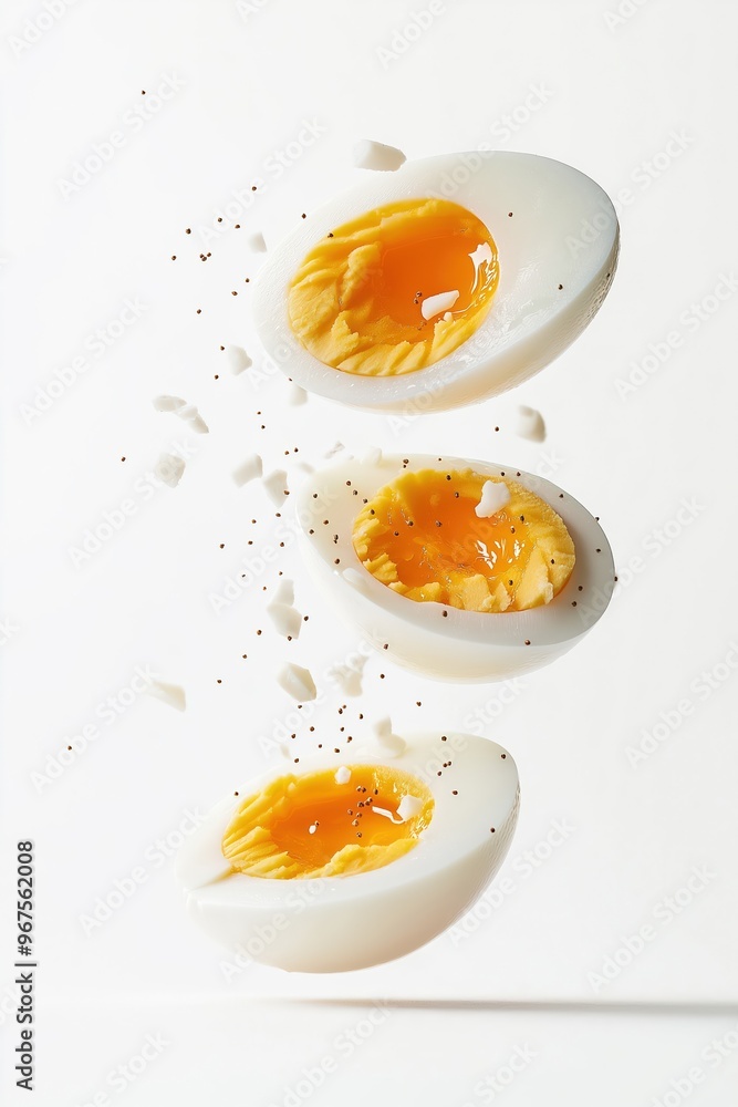 Three hard boiled eggs cut in half flying on white background Three hard boiled eggs cut in half flying on white background