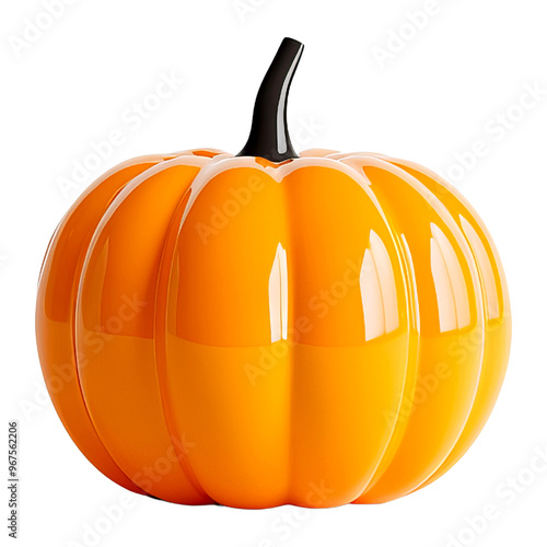 A vibrant orange pumpkin featuring a glossy finish, perfect for autumn decoration or Halloween themes.