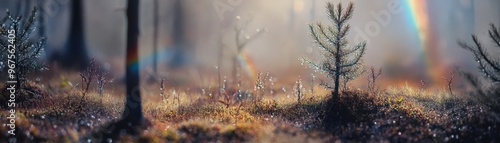 A delicate forest microcosm where water droplets glisten in soft light, creating serene and enchanting atmosphere. interplay of colors and textures evokes sense of tranquility and wonder