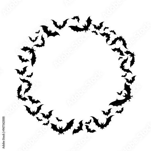 frame made of black bats. silhouettes of bats of different sizes fly in the shape of a round border. vector illustration isolated on a white background.