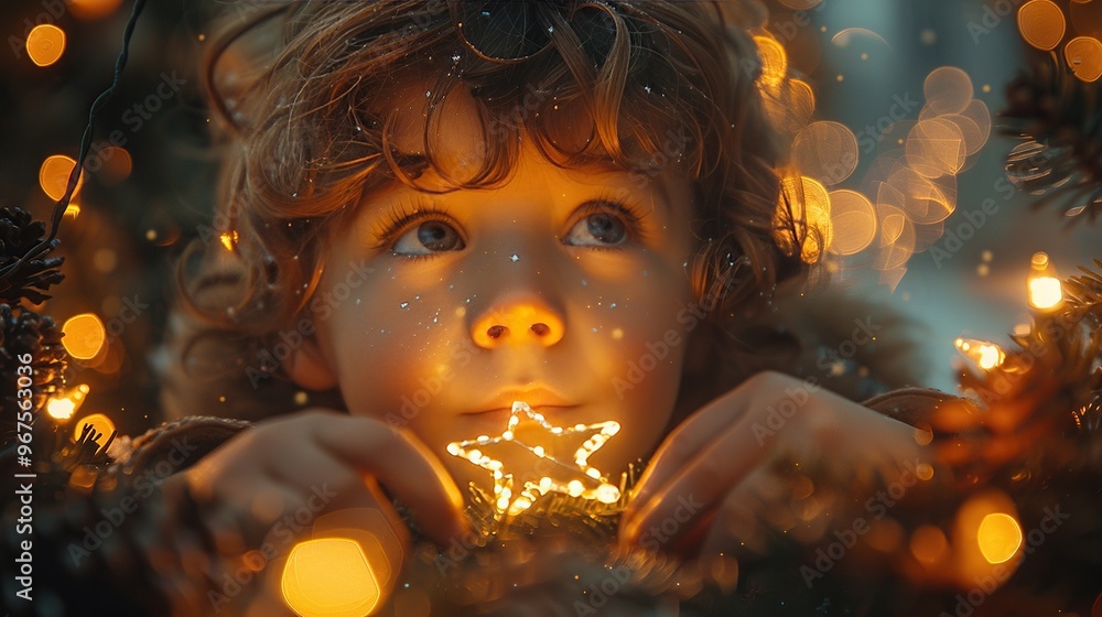 A child placing the star on top of the Christmas tree, with family watching in delight A child placing the star on top of the Christmas tree, with family watching in delight