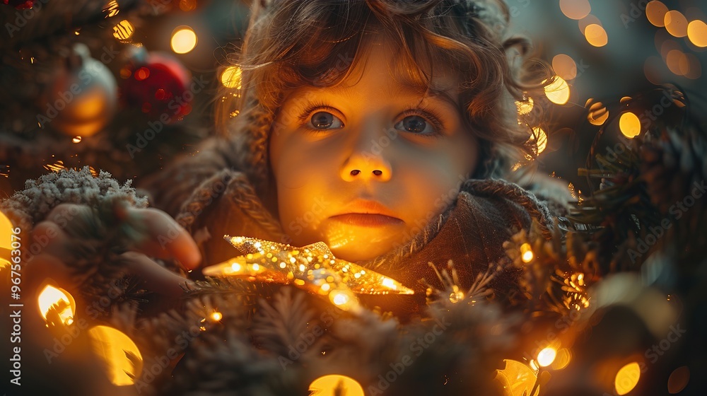 A child placing the star on top of the Christmas tree, with family watching in delight A child placing the star on top of the Christmas tree, with family watching in delight