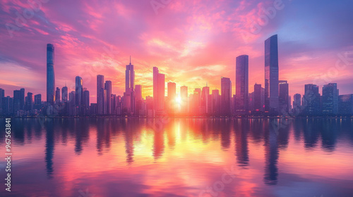 City Sunset,  A stunning sunset illuminates the city skyline, with skyscrapers reflecting the warm colors of the vibrant sky in the golden hour