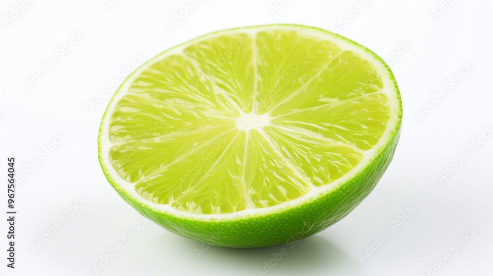 Freshly cut lime half displaying vibrant green hue on a white background in bright light Freshly cut lime half displaying vibrant green hue on a white background in bright light