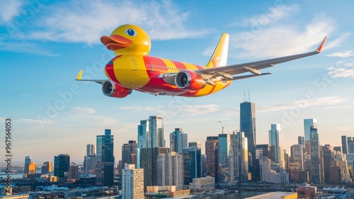 Giant Rubber Duck Airplane Over City Skyline photo