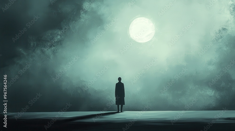 A solitary figure stands under a glowing moon amidst an ethereal mist, creating a hauntingly beautiful atmosphere. A solitary figure stands under a glowing moon amidst an ethereal mist, creating a hauntingly beautiful atmosphere.