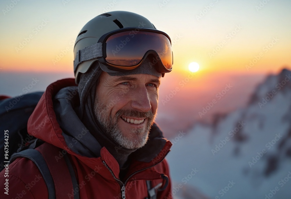 A mountain climber with rugged features and cold-weather gear, standing against a sunrise backdrop, copy space on a side A mountain climber with rugged features and cold-weather gear, standing against a sunrise backdrop, copy space on a side