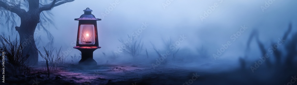 A solitary lantern glows softly in a foggy night, evoking mystery and ambiance in a tranquil landscape. A solitary lantern glows softly in a foggy night, evoking mystery and ambiance in a tranquil landscape.