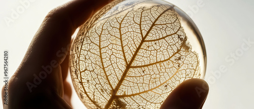 A hand holds globe etched with leaf pattern, symbolizing intricate microcosm of life. This captivating image reflects natures beauty and complexity